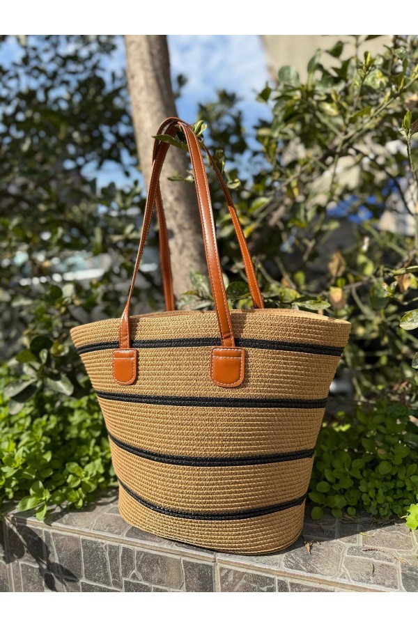 NWC-1043-1 Çizgili Camel Siyah Hasır Çanta