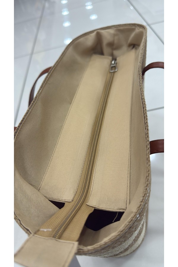 NWC-1043-1 Çizgili Camel Siyah Hasır Çanta