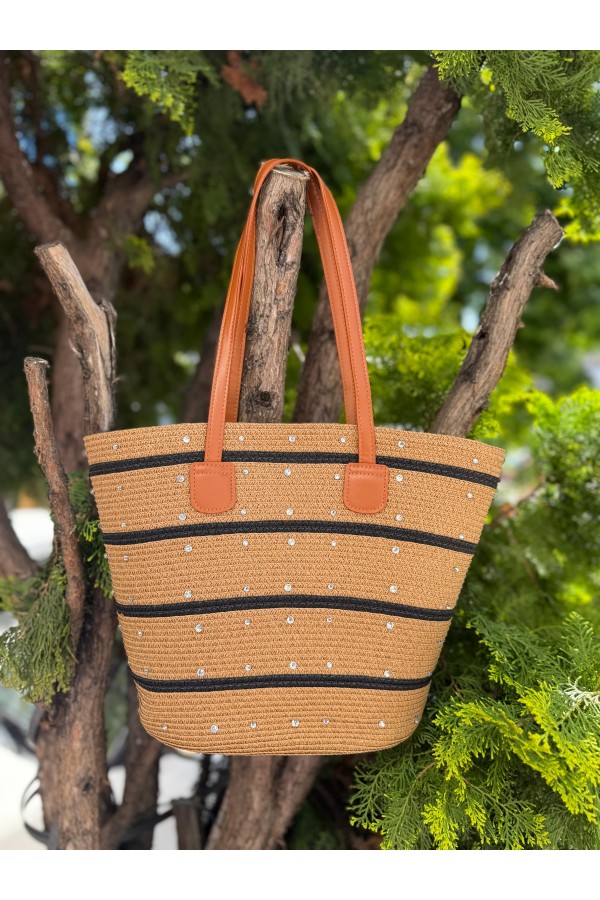 NWC-1043-5 Üzeri Taşlı Çizgili Camel Siyah Hasır Çanta