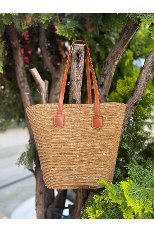NWC-1045 Taşlı Camel Hasır Kol Çantası