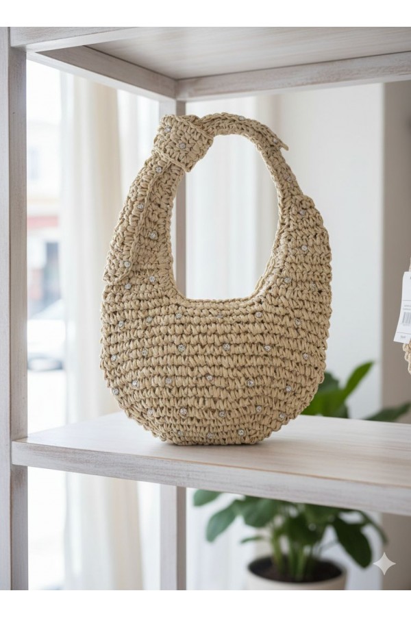 NWC-1053 Bej Taşlı Fermuarlı Hasır Çanta NWC-1053 Bej Taşlı Fermuarlı Hasır Çanta