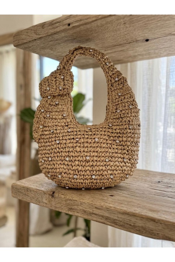 NWC-1053 Camel Taşlı Fermuarlı Hasır Çanta