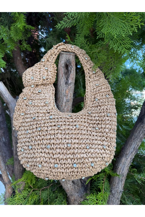 NWC-1053 Camel Taşlı Fermuarlı Hasır Çanta