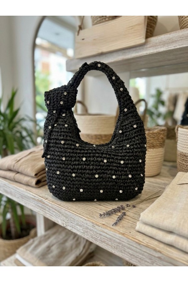 NWC-1053 Siyah Taşlı Fermuarlı Hasır Çanta