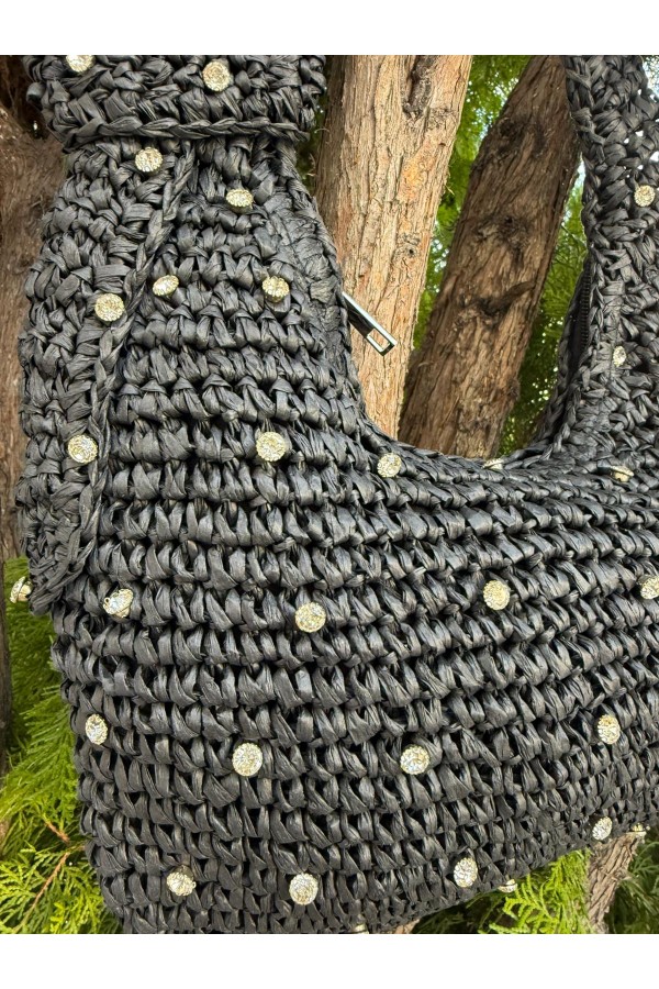 NWC-1053 Siyah Taşlı Fermuarlı Hasır Çanta