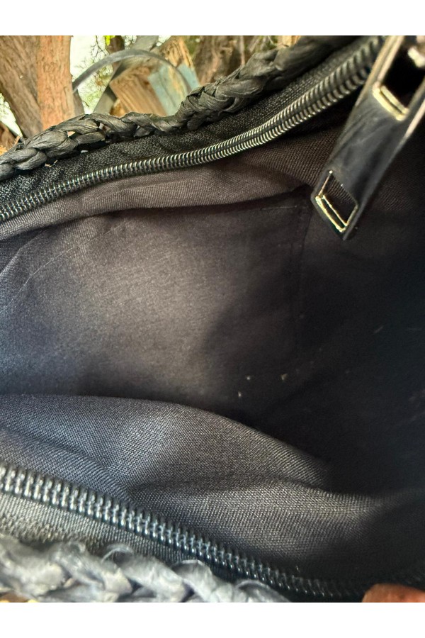 NWC-1053 Siyah Taşlı Fermuarlı Hasır Çanta