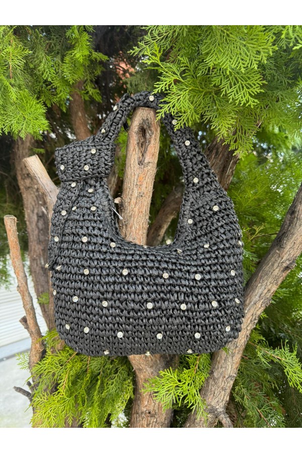 NWC-1053 Siyah Taşlı Fermuarlı Hasır Çanta