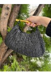 NWC-1058 Siyah Çıtçıtlı Hasır Çanta 33x20 cm