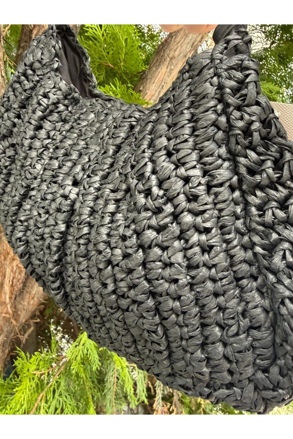 NWC-1058 Siyah Çıtçıtlı Hasır Çanta 33x20 cm