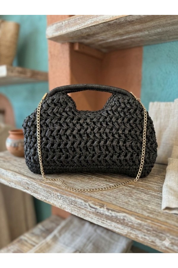 NWC-1059 Siyah İpli Hasır Çanta 34x26 cm