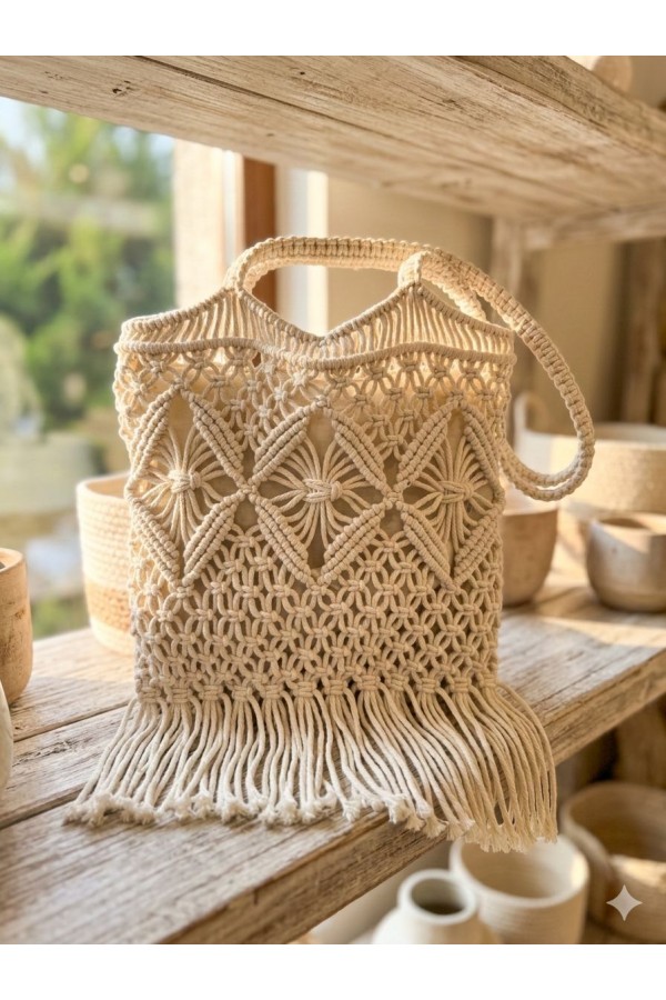 NWC-1064 Bej Lastikli Astarlı El Örgüsü Hasır Çanta 30x30x15 cm