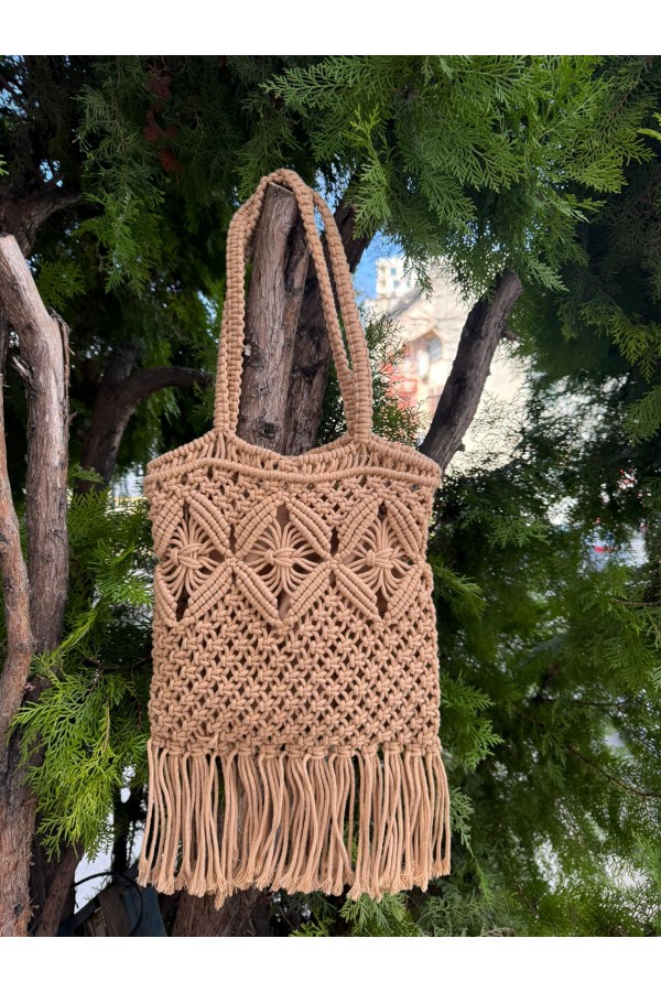 NWC-1064 Camel Lastikli Astarlı El Örgüsü Hasır Çanta 30x30x15 cm
