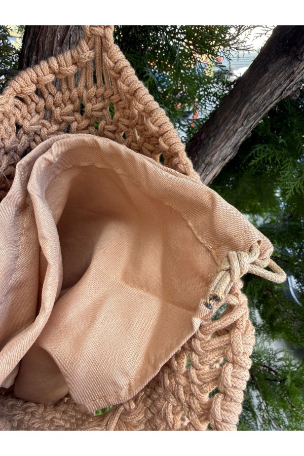 NWC-1064 Camel Lastikli Astarlı El Örgüsü Hasır Çanta 30x30x15 cm