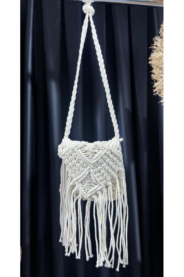 NWC-1065 Bej Saçaklı El Örgüsü Hasır Çanta 24x21 cm