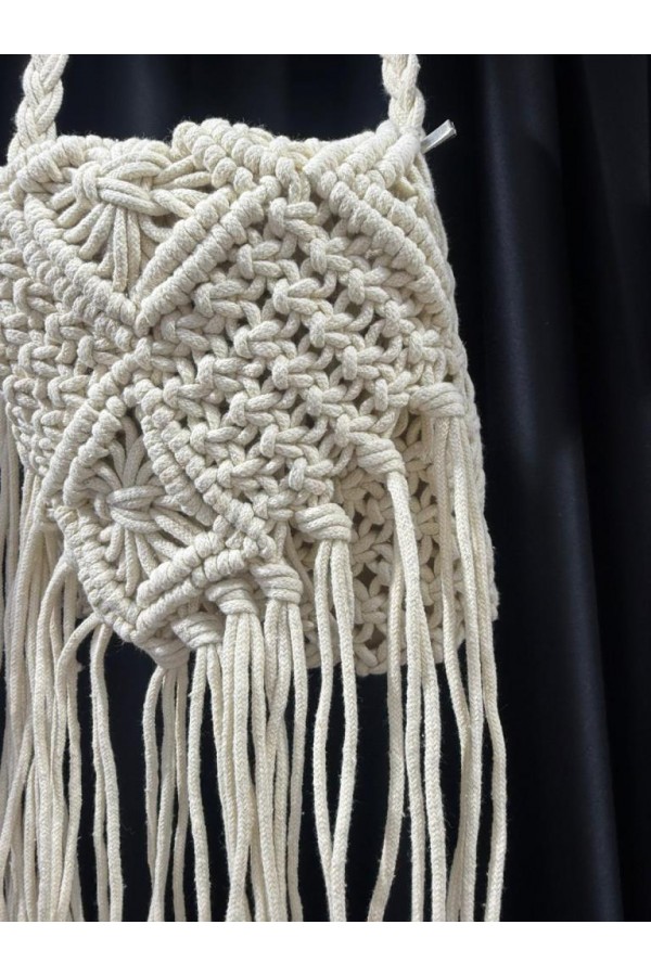 NWC-1065 Bej Saçaklı El Örgüsü Hasır Çanta 24x21 cm