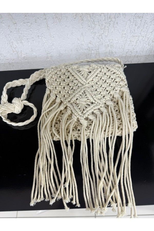 NWC-1065 Bej Saçaklı El Örgüsü Hasır Çanta 24x21 cm