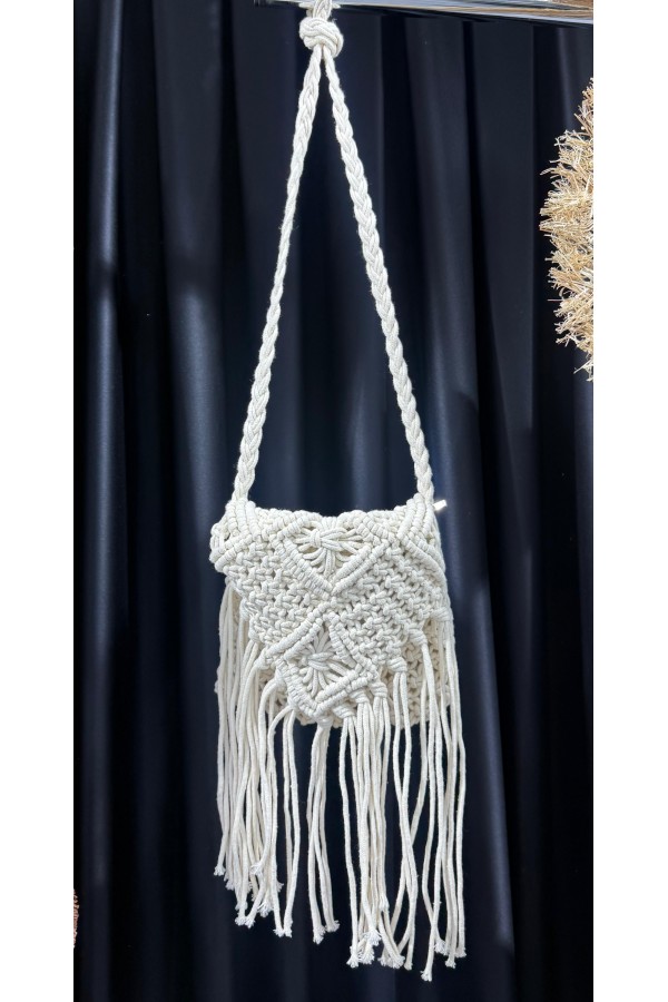 NWC-1065 Bej Saçaklı El Örgüsü Hasır Çanta 24x21 cm