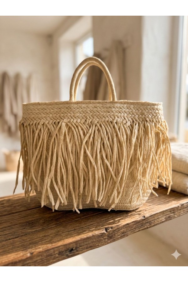 NWC-1066 Bej Saçaklı Hasır Çanta 41x29 cm