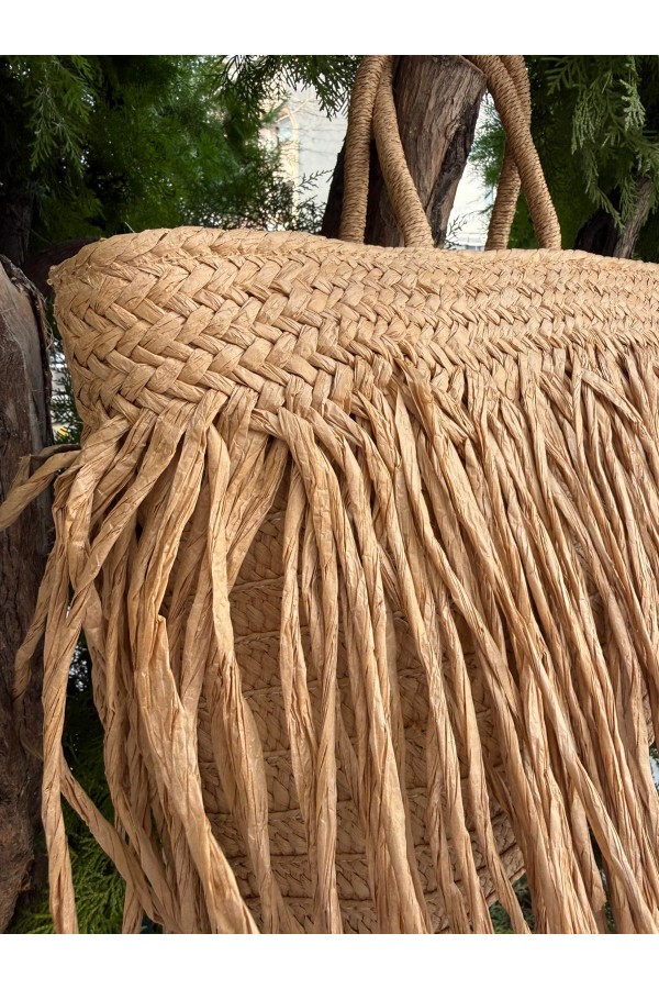 NWC-1066 Camel Saçaklı Hasır Çanta 41x29 cm