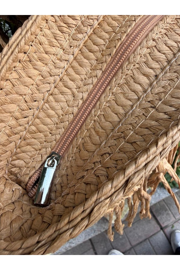 NWC-1066 Camel Saçaklı Hasır Çanta 41x29 cm