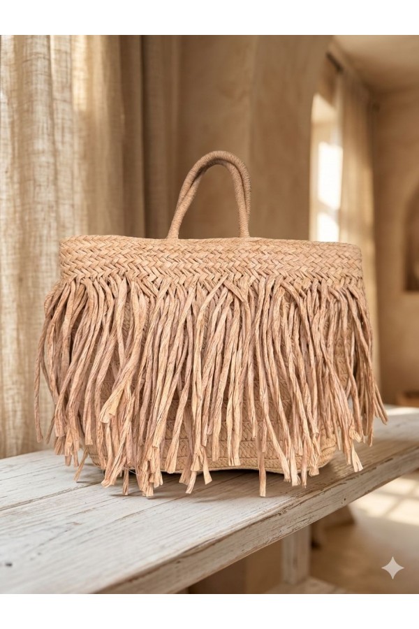 NWC-1066 Camel Saçaklı Hasır Çanta 41x29 cm