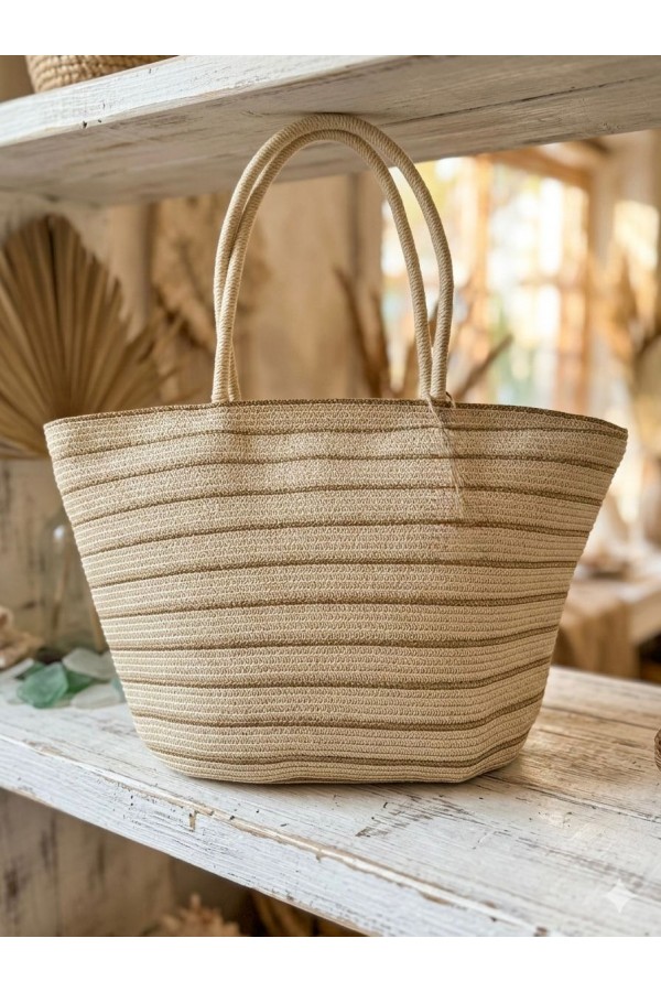 NWC-1067 Bej Çizgili Hasır Çanta 49x30 cm