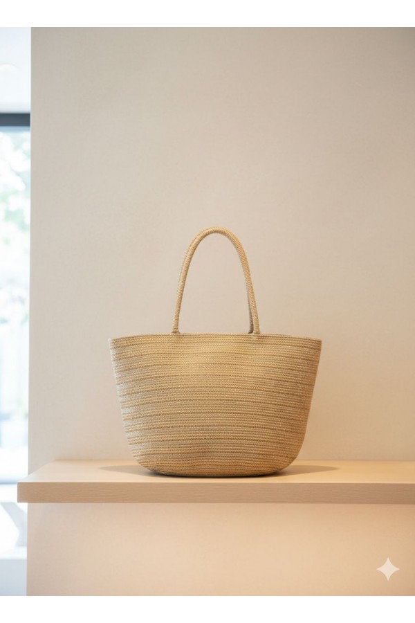 NWC-1067 Camel Çizgili Hasır Çanta 49x30 cm