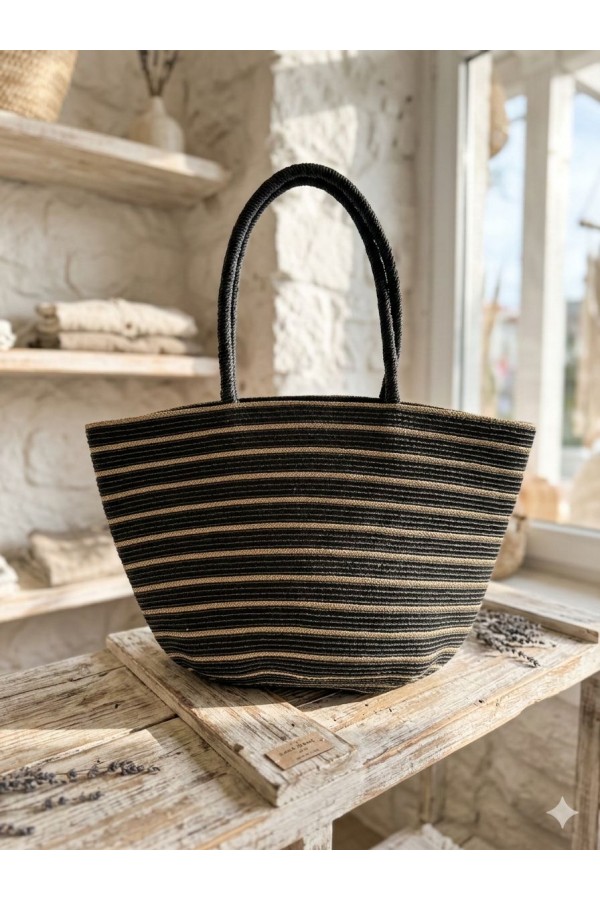 NWC-1067 Siyah Çizgili Hasır Çanta 49x30 cm