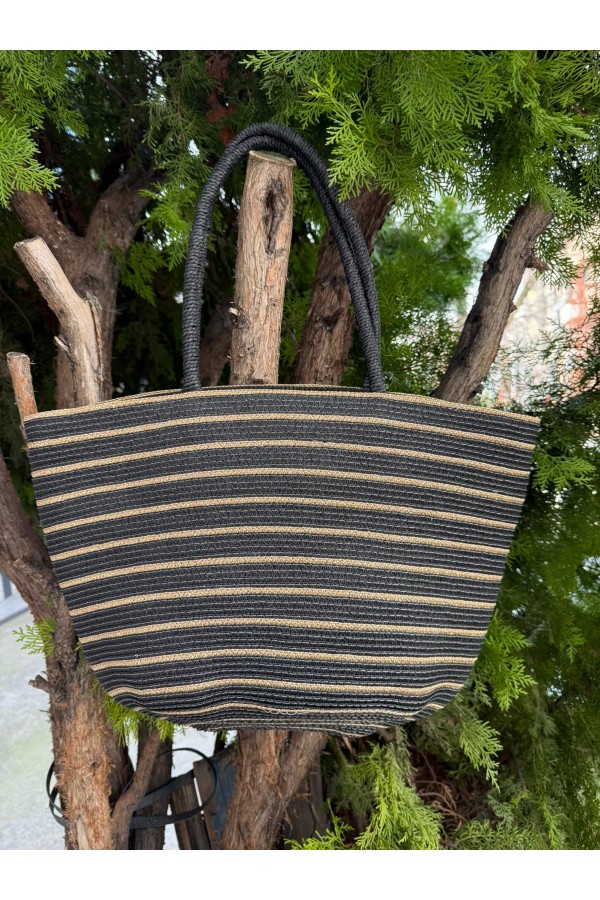 NWC-1067 Siyah Çizgili Hasır Çanta 49x30 cm