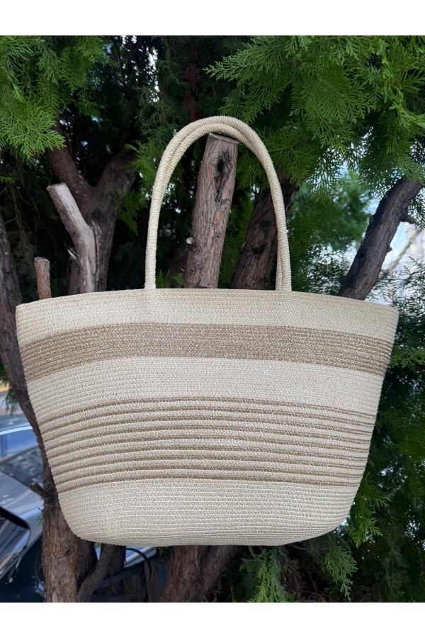 NWC-1068 Bej Çizgili Hasır Çanta 54x30 cm