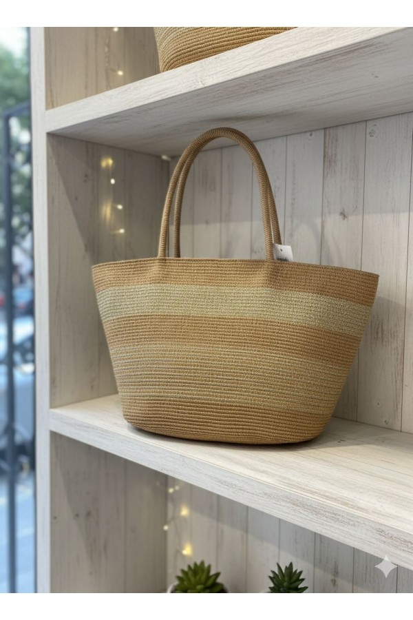 NWC-1068 Camel Çizgili Hasır Çanta 54x30 cm