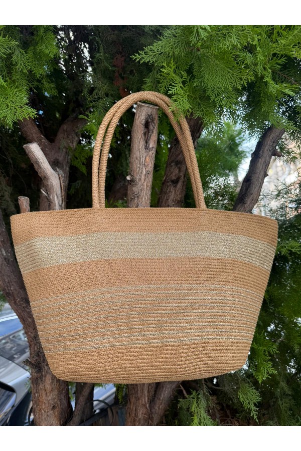NWC-1068 Camel Çizgili Hasır Çanta 54x30 cm