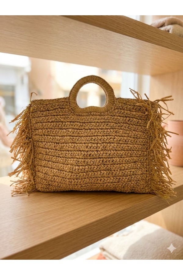 NWC-1069 Camel Saçaklı El Örgüsü Hasır Çanta 41x41x66 cm