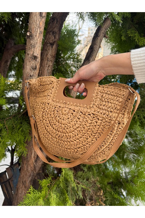 NWC-1070 Camel Fermuarlı Hasır Çanta