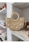 NWC-1072 Bej İncili Hasır Çanta 22x21x7 cm