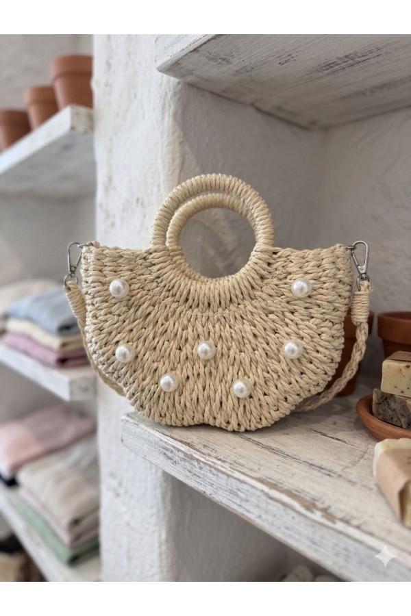 NWC-1072 Bej İncili Hasır Çanta 22x21x7 cm