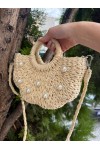 NWC-1072 Bej İncili Hasır Çanta 22x21x7 cm
