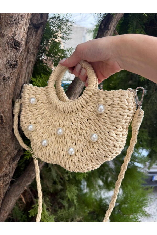 NWC-1072 Bej İncili Hasır Çanta 22x21x7 cm