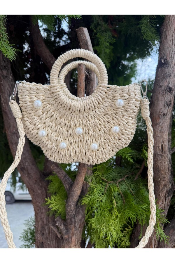 NWC-1072 Bej İncili Hasır Çanta 22x21x7 cm
