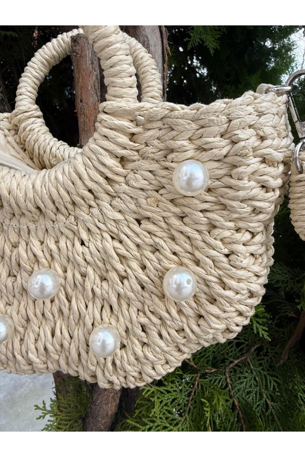 NWC-1072 Bej İncili Hasır Çanta 22x21x7 cm