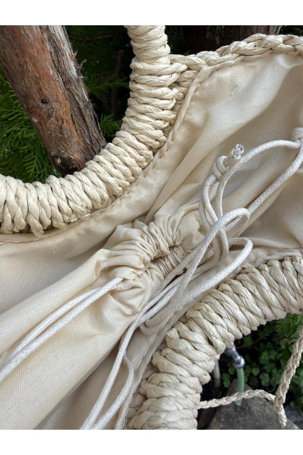 NWC-1072 Bej İncili Hasır Çanta 22x21x7 cm