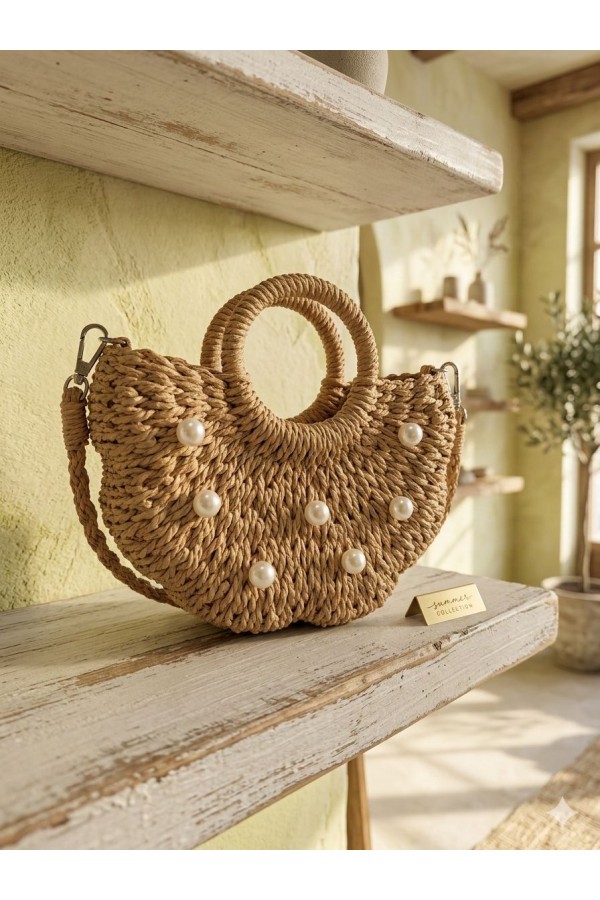 NWC-1072 Camel İncili Hasır Çanta 22x21x7 cm