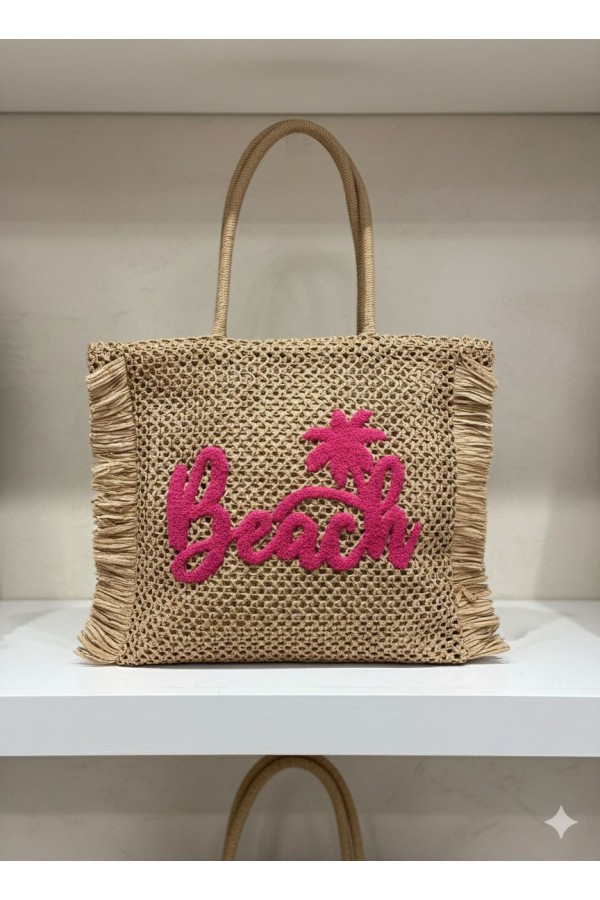NWC-1073 Camel Beach Yazılı Hasır Çanta 47x44 cm