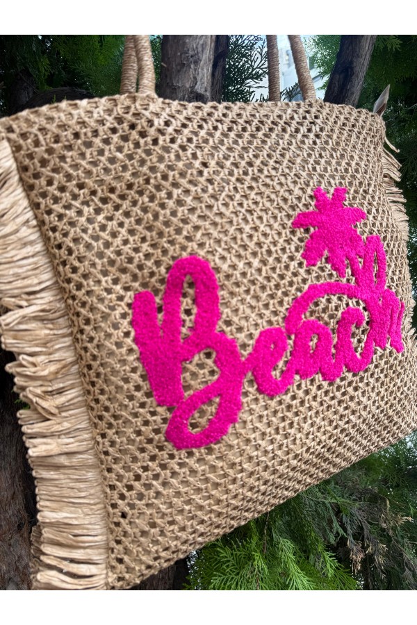 NWC-1073 Camel Beach Yazılı Hasır Çanta 47x44 cm