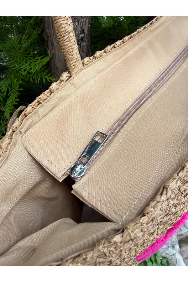 NWC-1073 Camel Beach Yazılı Hasır Çanta 47x44 cm