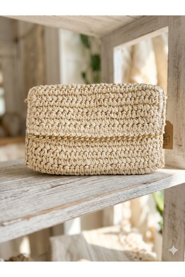 NWC-1075 Bej El Örgüsü Hasır Çanta 27x19x31 cm