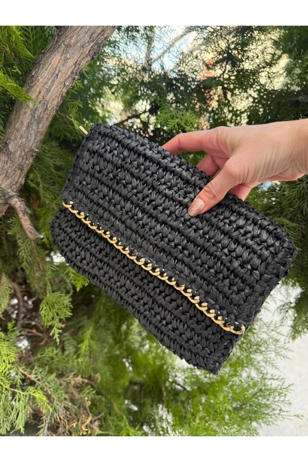 NWC-1075 Siyah El Örgüsü Hasır Çanta 27x19x31 cm