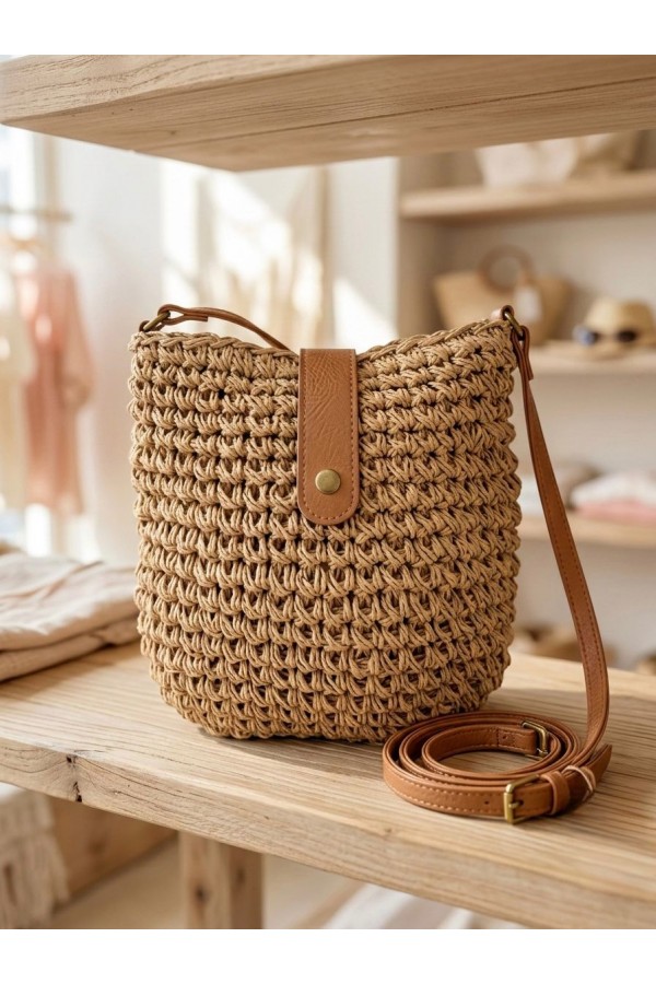NWC-1077 Camel El Örgüsü Hasır Çanta 24x23 cm NWC-1077 Camel El Örgüsü Hasır Çanta 24x23 cm