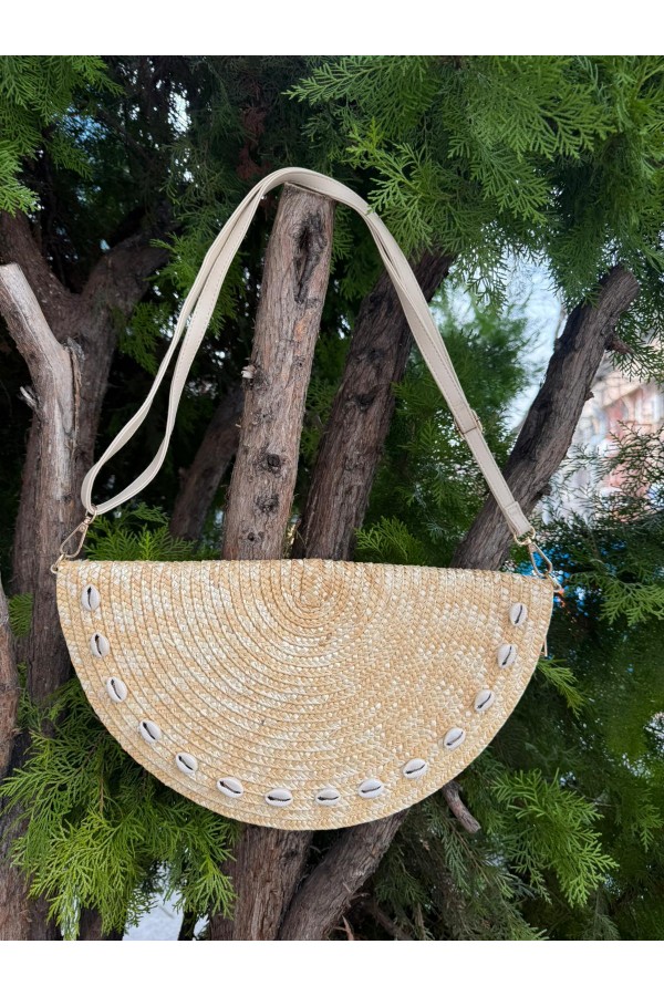 NWC-1079 Bej Denizkabuğu Desenli Hasır Çanta 39x20 cm