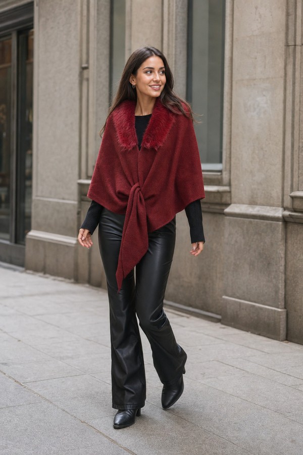 S009-50 Bordo Üçgen İçten Geçmeli Triko Omuz Şalı
